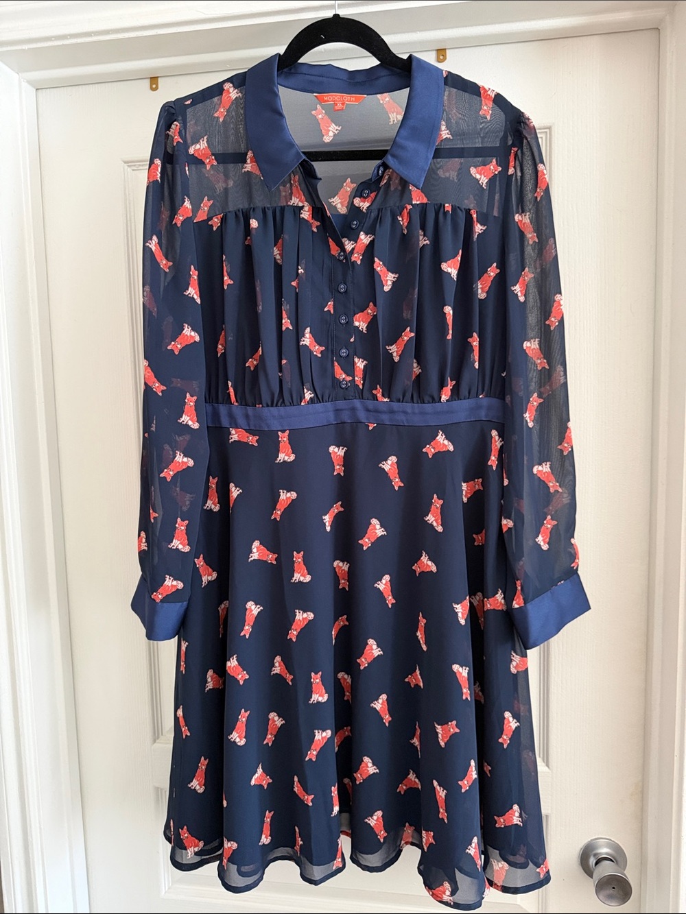 Modcloth Navy Dress with Red Fox Print and Sheer Long Sleeves